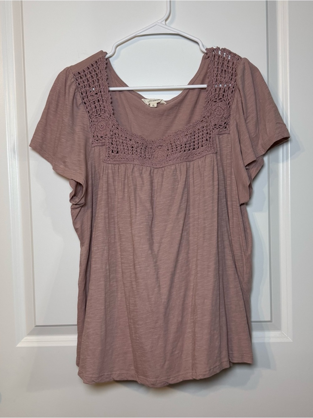 Lucky Brand Women’s Dusty Pink Crochet Yoke Peasant Top Short Sleeve Boho XL